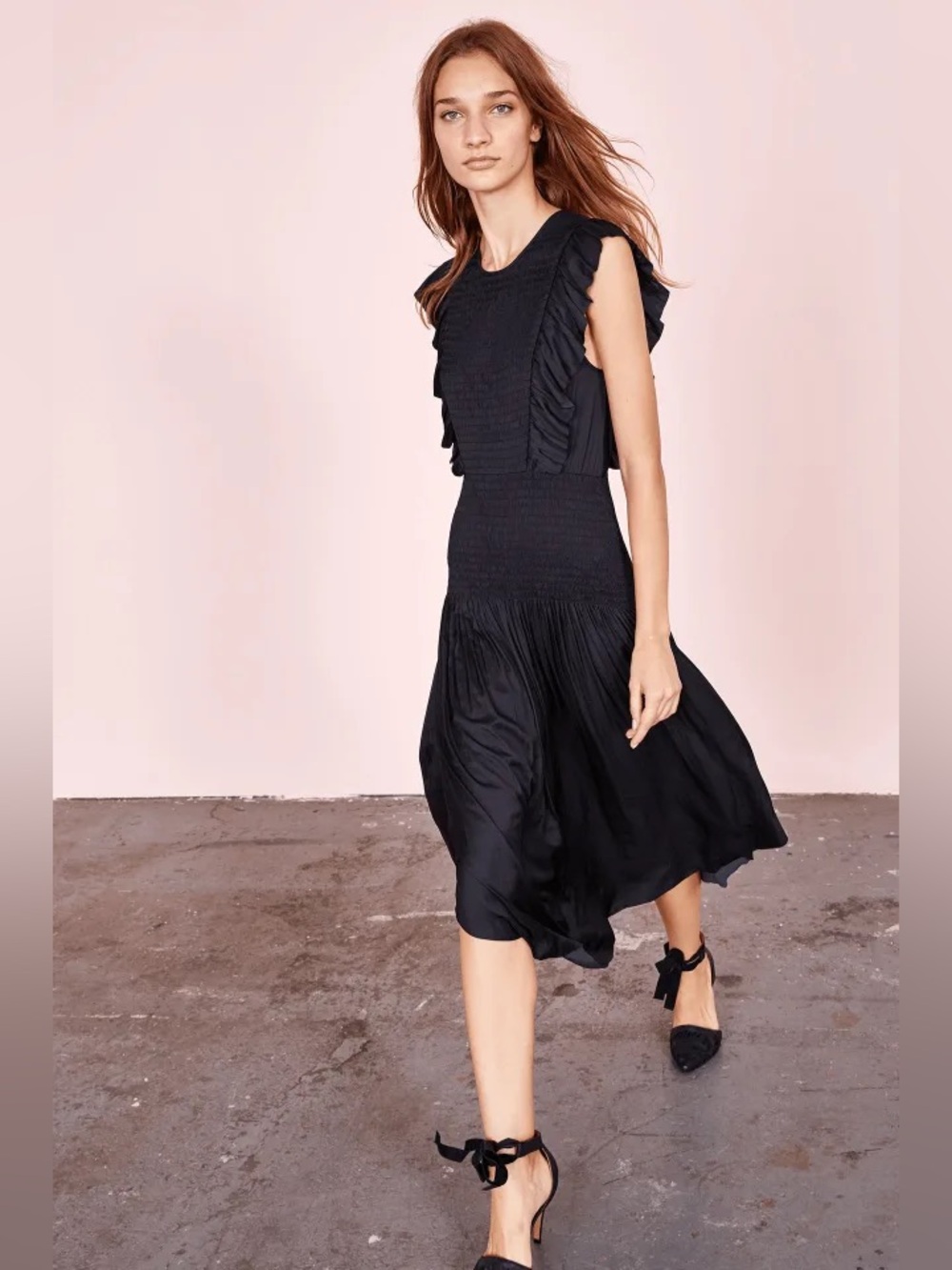 Ulla Johnson Coco Midi Dress Noir Black Size 2 Smocked Top Ruffle Sleeve Midi